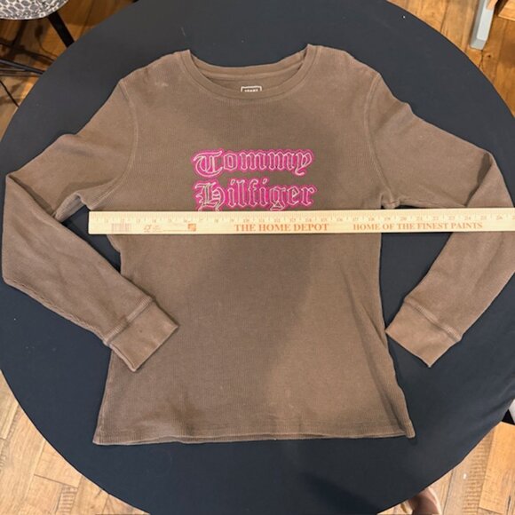 Tommy Hilfiger Brown Waffle-Knit Thermal Long Sleeve Shirt – XL Embroidered Y2K - Picture 5 of 8